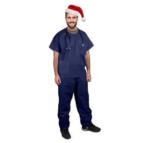 Disposable Scrubs Top and Bottom X-Large. 55 GSM Polypropylene Shirts and Pants. 5 Sets of Medical Scrub Top and Pants; Dark Blue Pants with Tie; Pock