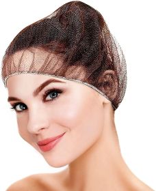 Disposable Nylon Hair Nets 18". Pack of 100 Brown Bouffant Hairnets with Elastic Headband; Unisex Hair Covers; Stretchable Hairnets Insulated Hair Mes