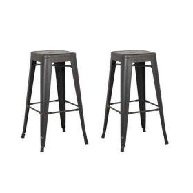 Modern Backless Light Weight Industrial Metal Barstool 4 Leg Design, 30" Seat Bar Stools (Set of 2), Distressed Black Finish