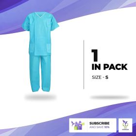 Disposable Uniform Suit Set. Teal SMS Shirts and Pants 42 GSM. Anti-Static Small Shirts with V-Neck; Short Sleeves and 3 Pockets; Waist Ties on The Pa