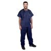 Disposable Scrubs Top and Bottom X-Large. 55 GSM Polypropylene Shirts and Pants. 5 Sets of Medical Scrub Top and Pants; Dark Blue Pants with Tie; Pock