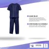 Disposable Scrubs Top and Bottom X-Large. 55 GSM Polypropylene Shirts and Pants. 5 Sets of Medical Scrub Top and Pants; Dark Blue Pants with Tie; Pock