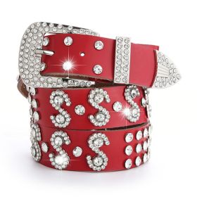 Women's Fashion Simple Rhinestone Genuine Leather Belt (Option: Accessories S Style Red)