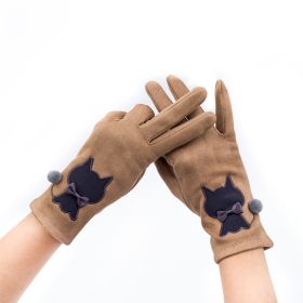 Autumn And Winter Embroidered Cat Touch Screen Gloves Suede Thickened Fleece-lined Riding Warm Gloves (Option: Khaki-Average Size)