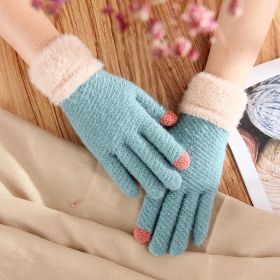 Touch Screen Gloves Female Winter Warm Thickened Knitting Cute Wool Mink-like Velvet Five Finger Gloves (Option: Bean Green Fur Mouth-Adult Lady)