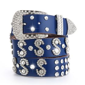 Women's Fashion Simple Rhinestone Genuine Leather Belt (Option: Accessories S Style Blue)