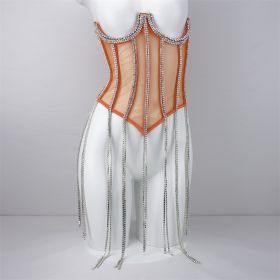 Bright Rhinestone Vest Transparent Lace Bra Hot Girl Women's Outer Wear (Option: Orange-S)