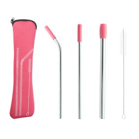 5pcs Set Stainless Steel Straws; Reusable Metal Straws With Silicone Tips; Sturdy Bent Straight Drinks Straw; Food Grade Straw; With 3pcs Straws; 1pc (Color: Pink)