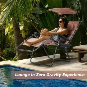 Folding Recliner Lounge Chair with Shade Canopy Cup Holder (Color: Coffee)