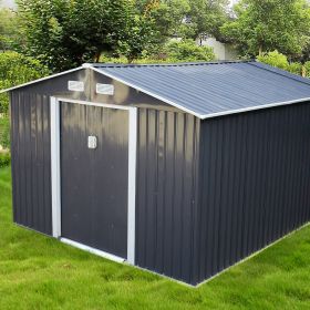 9.1' x 10.5' Galvanized Steel Storage Shed Sliding Door Tool Shack with 4 Vents & Metal Floor (Color: Dark Gray)