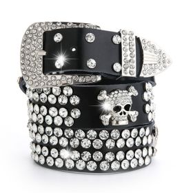 Women's Fashion Simple Rhinestone Genuine Leather Belt (Option: Skull Black)